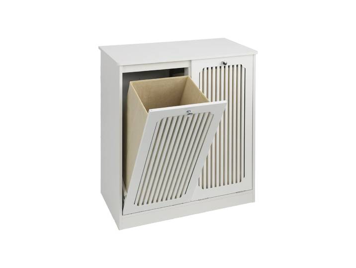 Meuble à linge basculant blanc avec lamelles et bacs en tissu