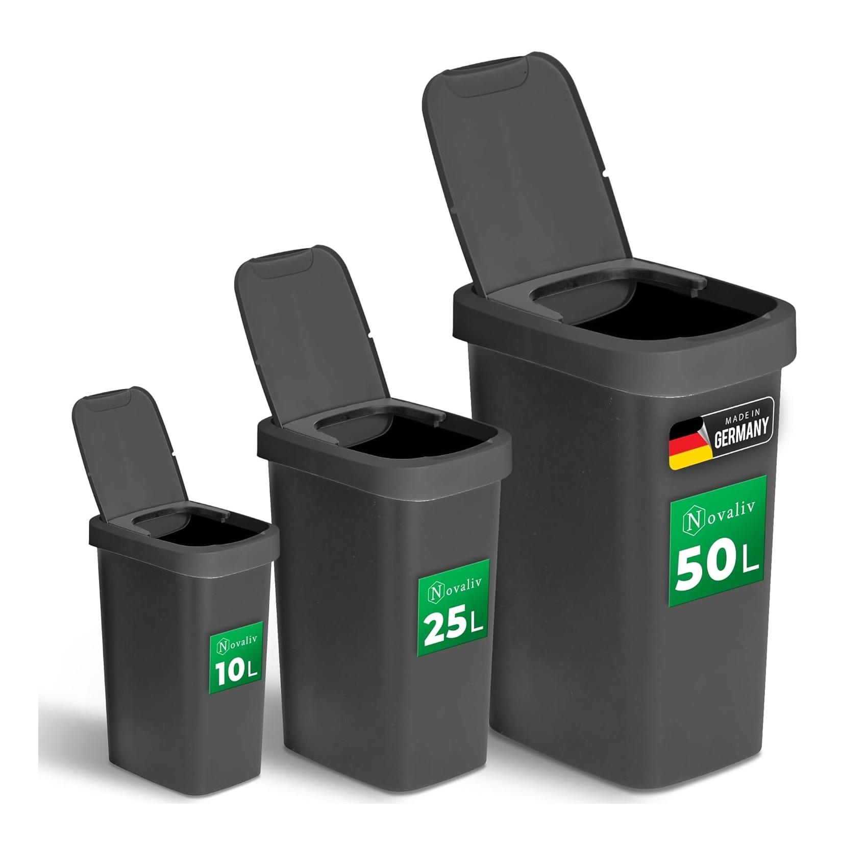 Novaliv Mülleimer-Set 10L + 25L + 50L, Abfalleimer mit 2in1 Deckel, Klappdeckel & Schwingdeckel, Anti-Geruch Mülleimer für Küche Haushalt Büro, Müll Eimer Abfall Kunststoff Abfallbehälter