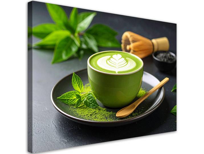 Feeby Leinwandbild Matcha-Tee Latte 90x60cm, Grün, Essen/Getränk, Rechteckig, 90x60 cm, Bilder & Rahmen, Bilder, Leinwandbilder