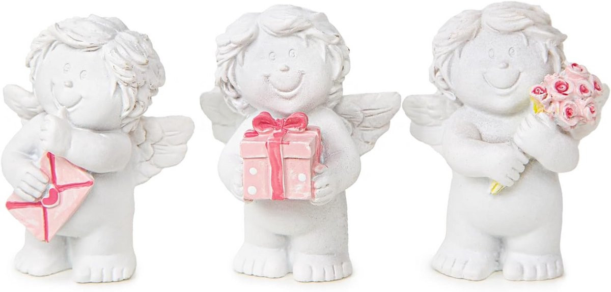 Set van 3 Mini Engelen Figuurtjes met Roze Accessoires - Wit - Hoogte: 5 cm
