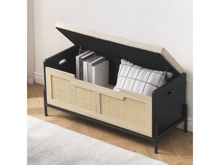 Banc coffre de rangement en rotin - Décor Bois - 100x40x46cm - Noir - Tissu - Vintage