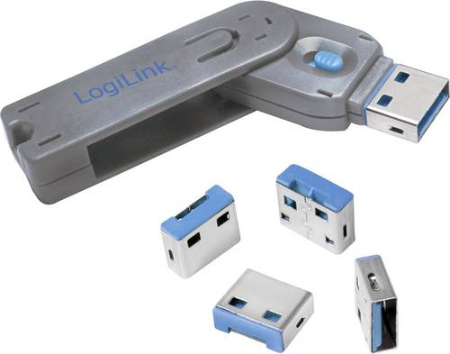 LogiLink USB-A Port Schloss USB PORT LOCK, 1 KEY + 4 LOCKS 4er Set Silber, Blau inkl. 1 Schlüssel AU0043