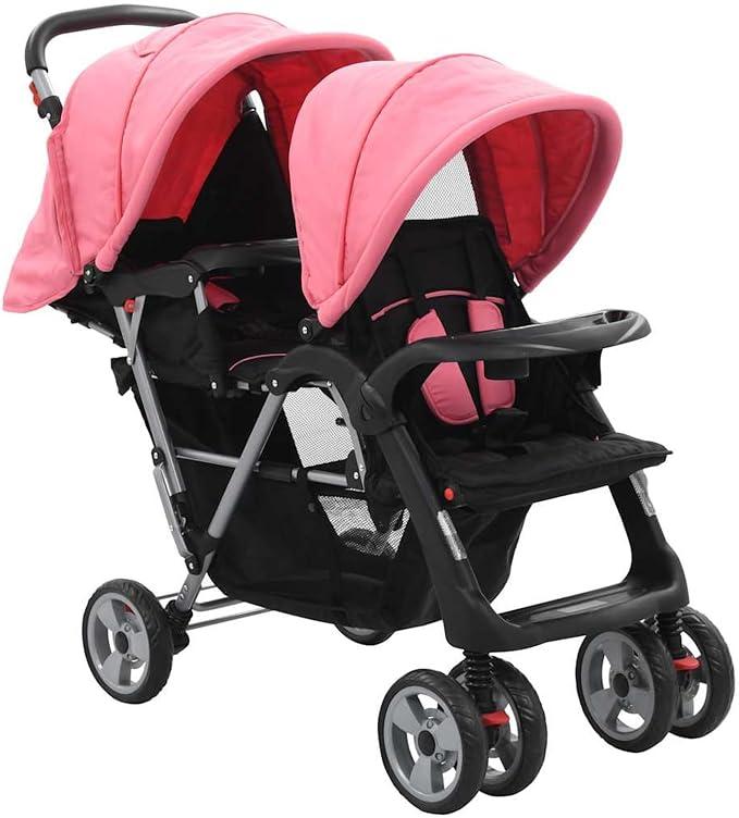Tandem-Kinderwagen, komfortabler Geschwisterwagen mit Stahlrahmen und 2 Verdecken, 122,5 x 53,5 x 111 cm, Rosa und Schwarz, für 2 Kinder bis 15 kg