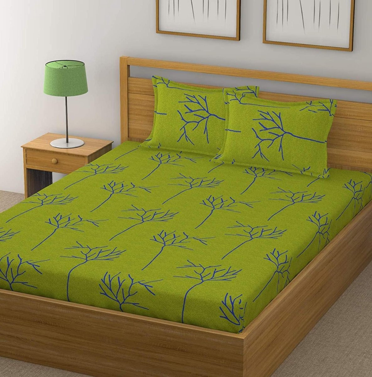 Katoenen tweepersoons laken met bloemenprint in groen blauw