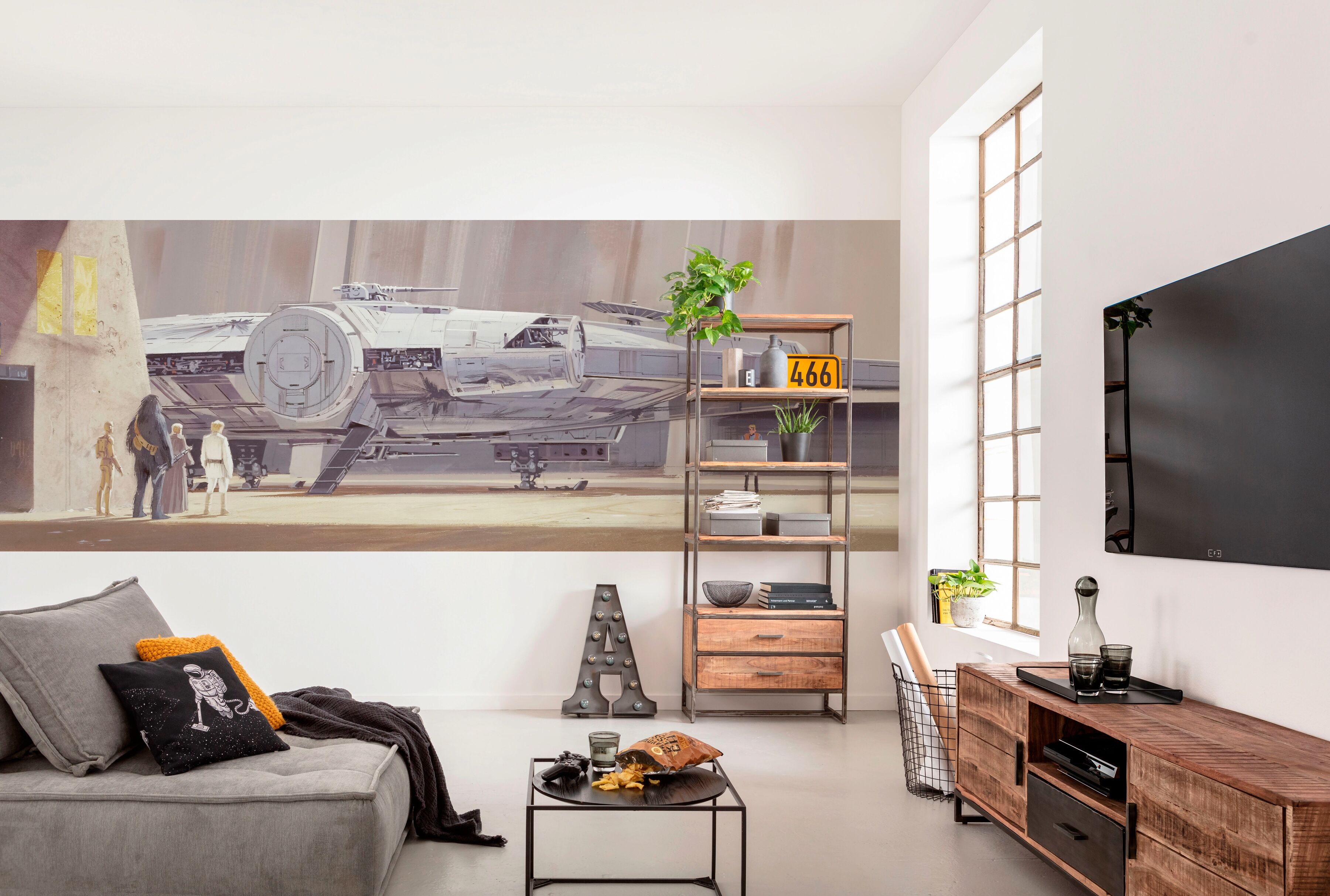 Fototapete KOMAR "STAR WARS Classic RMQ Millennium Falcon - Grösse 368 x 127 cm", bunt, B:368m L:127m, Papier, Tapeten, Fototapete, Kinderzimmer bunt B/L: 368m x 127m, Rollen: 4