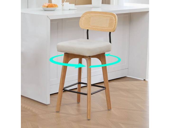 Tabouret de bar pivotant à 360° Tabouret cuisine et bar petit déjeuner avec dossier en rotin avec assise rembourrée Beige