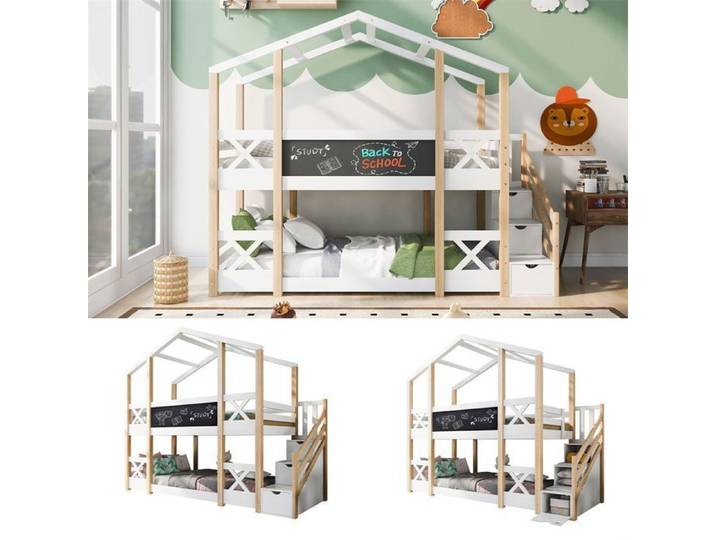 DRIPEX Lit Superposé 90x200 cm avec tableau noir Lit Cabane avec escaliers de rangement lit enfant avec sommiers à lattes Blanc