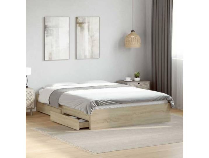 RJPLMFV Bettgestell mit Schubladen, Sonoma-Eiche, 120 x 200 cm Holzwerkstoff, Lattenrost inklusive, integrierte Aufbewahrung, ohne Matratze