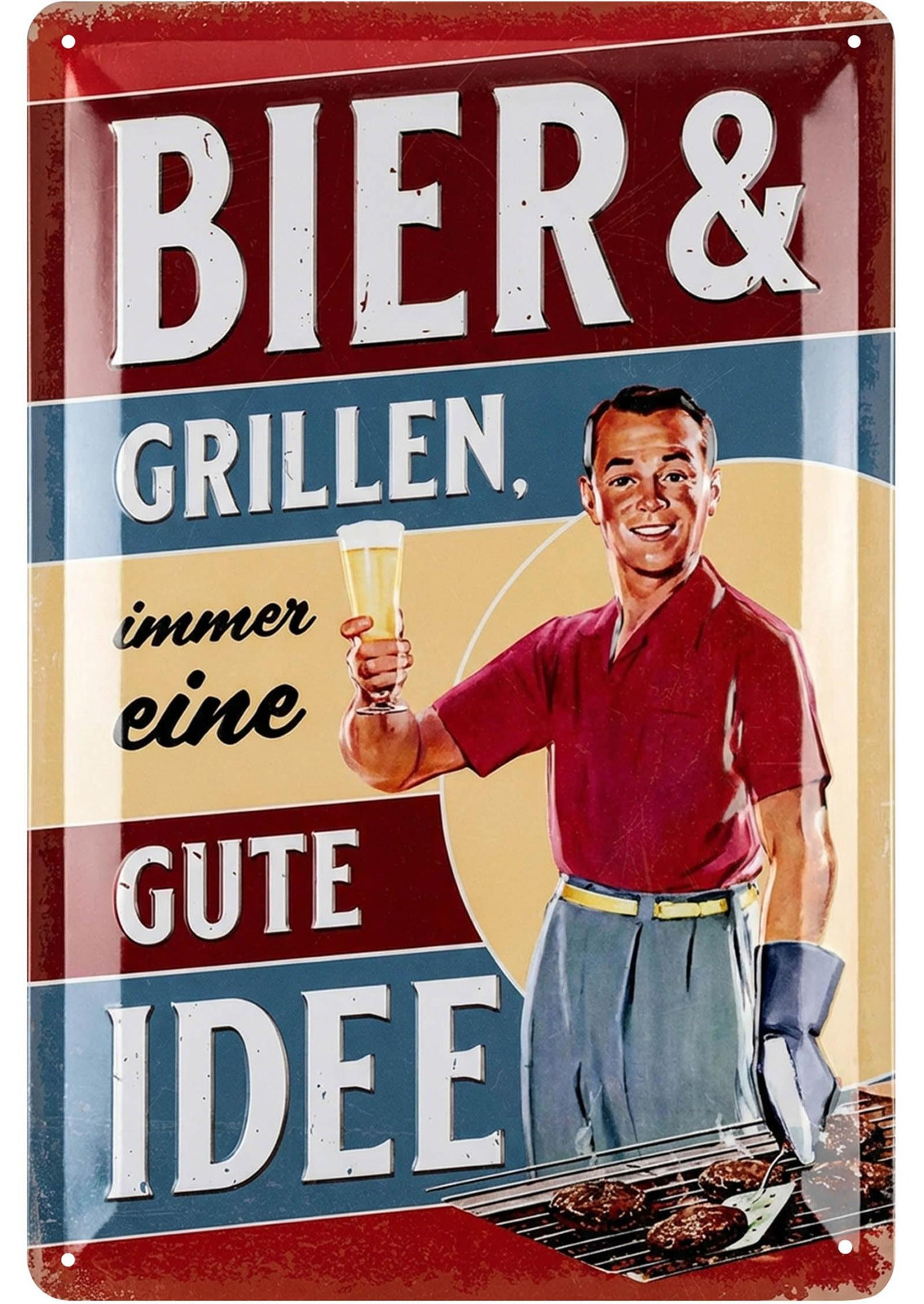 Retro metalen bord Grill & Bier met grappige tekst - 20 x 30 cm
