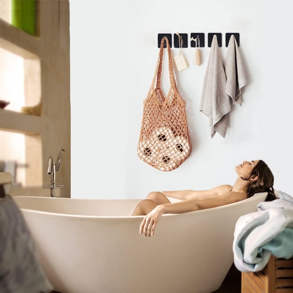 Set van 3 zwarte handdoekhaken van RVS met zelfklevende wandhaak voor badkamer, keuken en kantoor