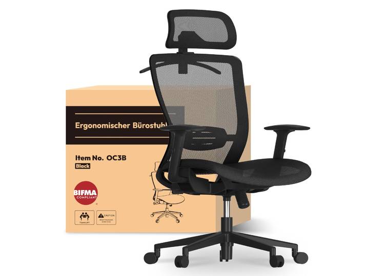 Chaise de bureau ergonomique FlexiSpot OC3\, chaise de bureau avec appui-tête 2D\, soutien lombaire dynamique et accoudoirs réglables\, respirante\, noire