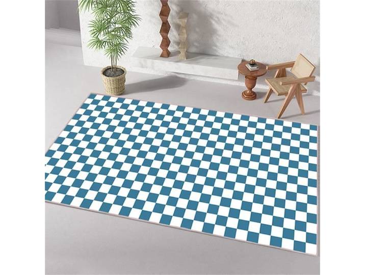 Tapis de Salon Rectangulaire à Carreaux en Polyester Style Contemporain 120x160cm Bleu et Blanc