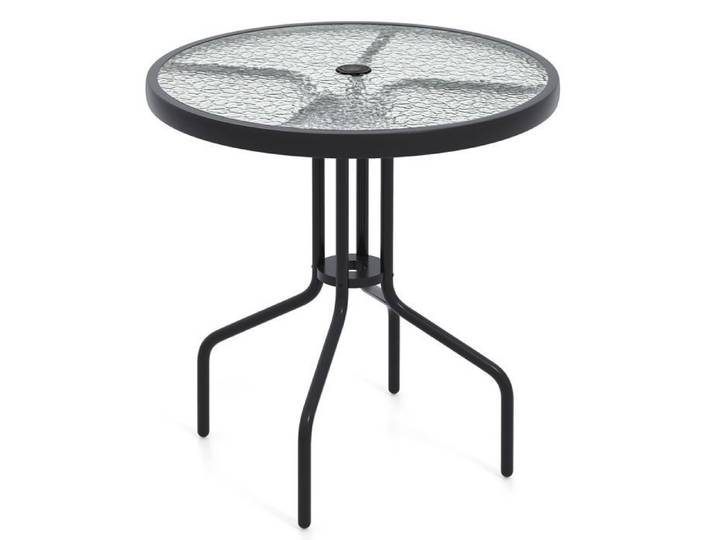 Table patio ronde 70cm verre trempé ondulé trou parasol 4cm cadre métal robuste pour jardin terrasse