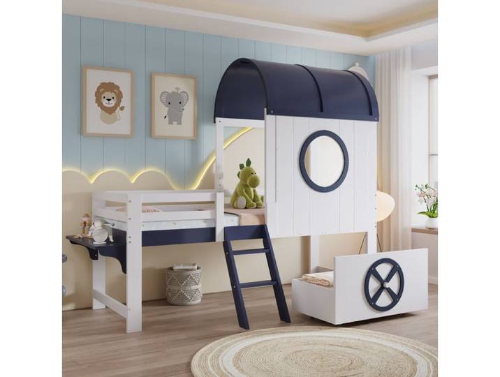 Lit Etagenbett Enfant 90x200cm avec Toit et Fenêtre - Design Maritime Bleu