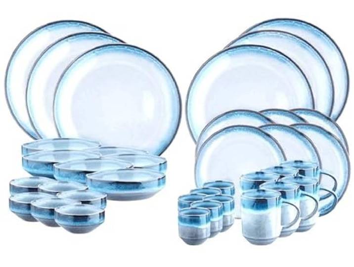 BJORN GENESIS Geschirrset aus Steinzeug – Service für 6 Personen, 36-teilig mit Tellern, Schalen, Bechern & Tassen, reaktive Glasur in Blauverlauf