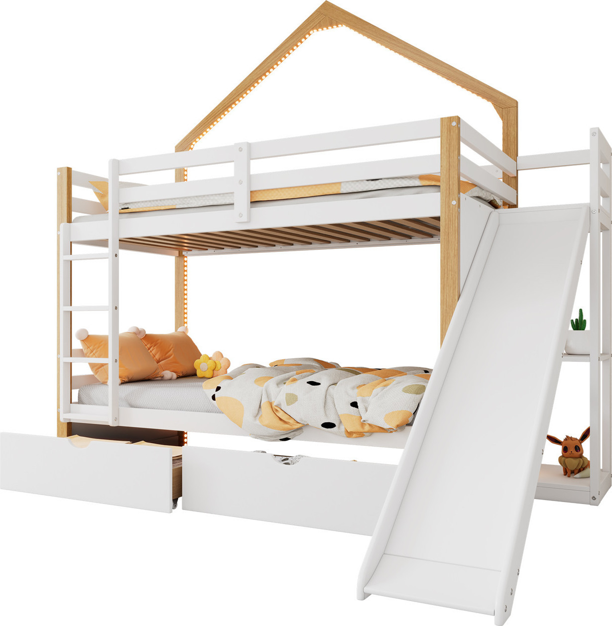 Etagenbett,Holzbett,Hausbett,Coole Lichtstreifen,Zwei Schubladen,vier gerade Stufen, Unterbettschublade mit Laufschienen,mit Dach und Fenster,Kiefer+M