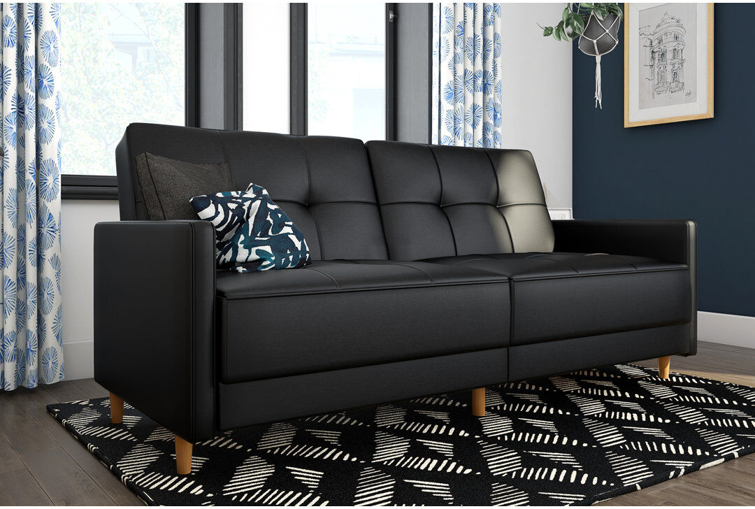 Zipcode Design Everman 3 Seater Convertible Faux Leather Sofa Bed Black 85.1cm H X 193cm W X 86.4cm D