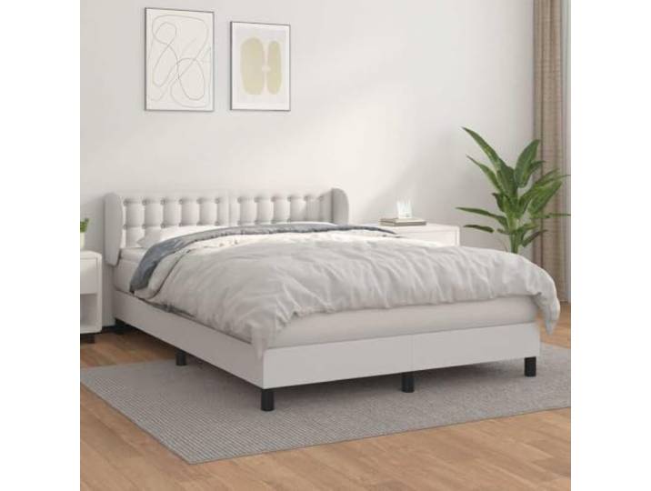 Boxspringbett Weiß 140 x 190 cm, mit Matratze Kunstleder mit Knöpfen Kunstleder mit massivem Lärchenholz, höhenverstellbares Kopfteil mit Ohren, Taschenfederkernmatratze 140 x 190 cm, inkl