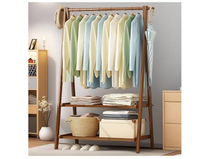 BEARQUN Garderobenständer aus Holz mit Kleiderstange, klappbarer Garderobenständer, bis 80 kg Belastbar, Kleiderständer mit Haken, für Schlafzimmer Eingangsbereich Flur : 66CM/86CM/116CM