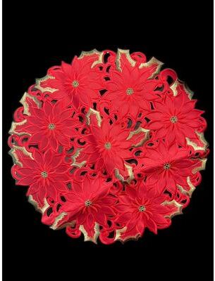 Jiallo Poinsettia and Green Leaf Embroidered Cutwork Round Placemat, 23-Inch diameter