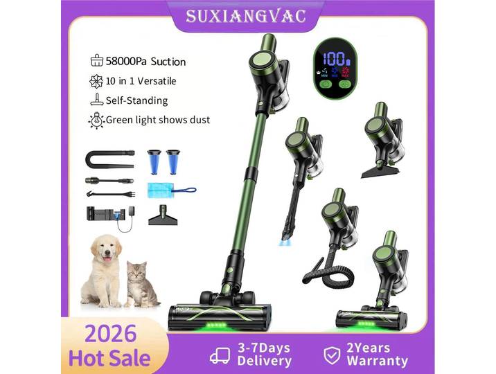 Aspirateur sans fil, autoportant, 10-en-1/58Kpa/55 minutes d'autonomie, avec éclairage LED, brosse aspirante pour animaux domestiques/poils/tapis