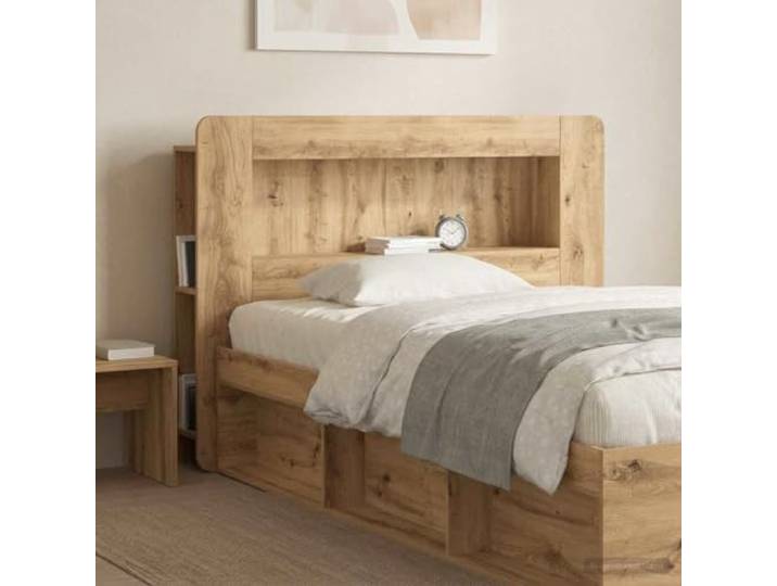 RJPLMFV Bettkopfteil, Eiche, 100 cm, Holz Integrierte Regale, praktische Aufbewahrung, modernes Design, Wandbefestigung inklusive, einfache Wartung