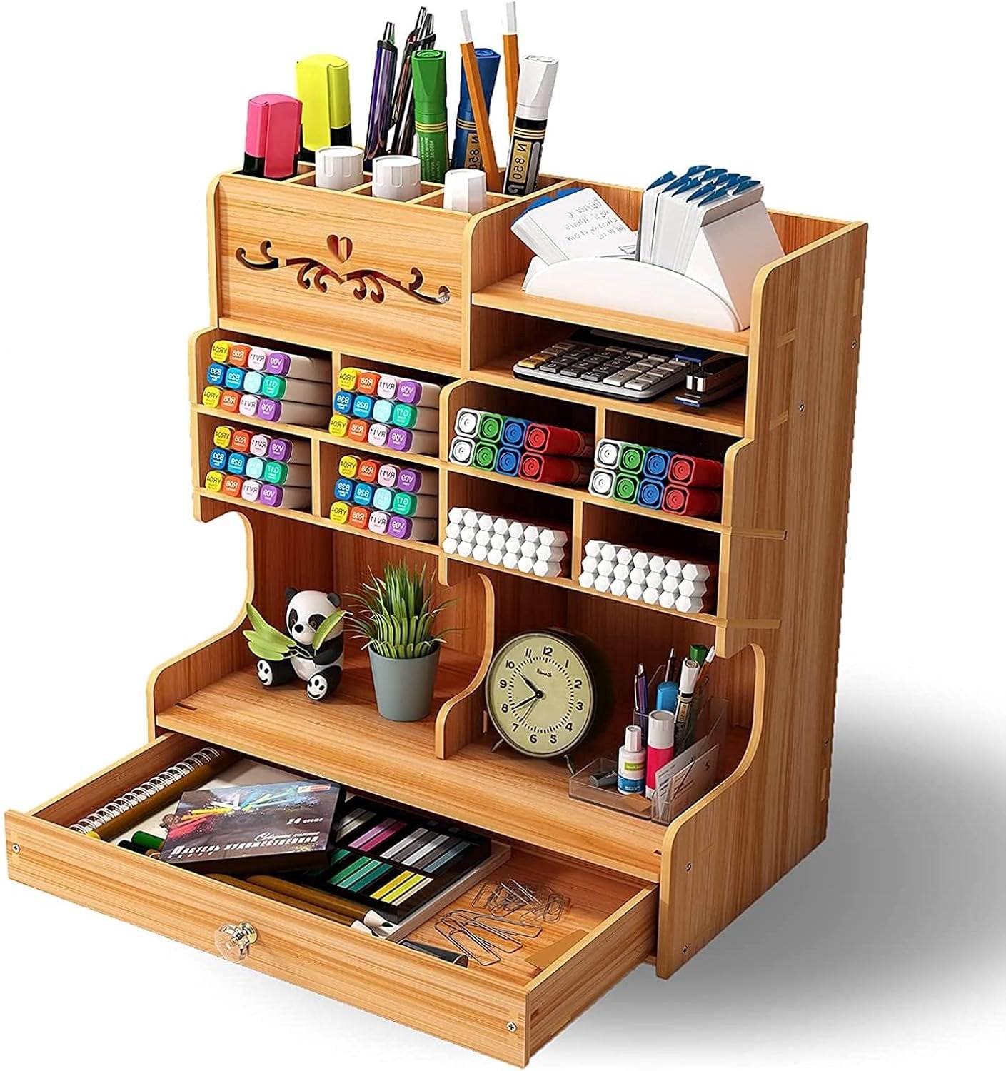 Multifunctionele Houten Pennenhouder - Bureau Organizer voor Kantoor, School en Thuis met Lade en Opbergruimte