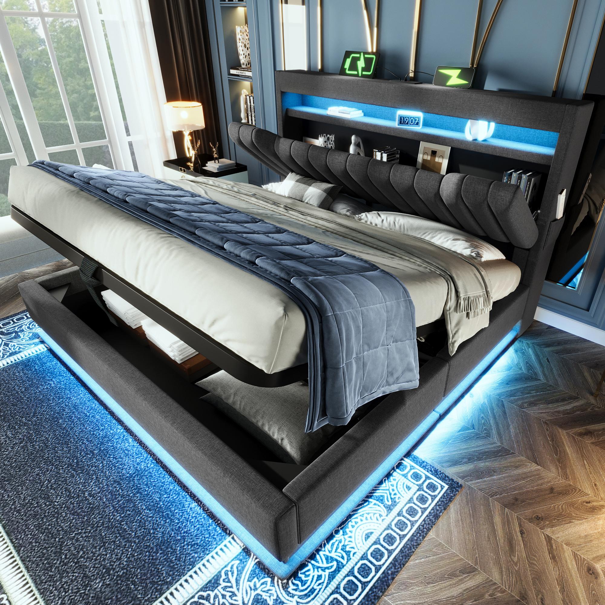 140x200cm Polsterbett Doppelbett, Stauraum-Kopfteil mit USB- und Typ-C-Anschlüssen, LED-Beleuchtung am Kopf- und Fußende des Bettes