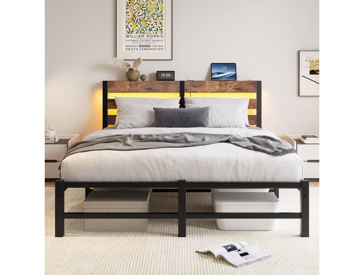Lit 140x200 Avec Cadre De Lit\, Éclairage Led\, Station De Chargement Usb\, Lit En Métal\, Cadre De Lit Sans Matelas\, Cadre De Lit Avec Espace De Rangement Sous Le Lit\, Matelas