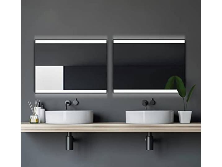 Talos Black Shine 80x60 cm LED Badspiegel mit Beleuchtung – Wandspiegel mit neutralweißem LED-Lichtausschnitt – Matt schwarzer Aluminiumrahmen – Beleuchteter Badezimmerspiegel für Bad