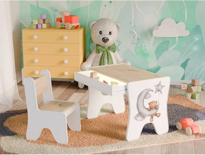 Happy Babies - Kinderschreibtisch-Stuhl-Set, ergonomischer Spieltisch mit geräumiger Schublade - Kinder-Lern- und Spieltisch - Kindermöbel, für den Kindergarten Teddybär (Handwerker)