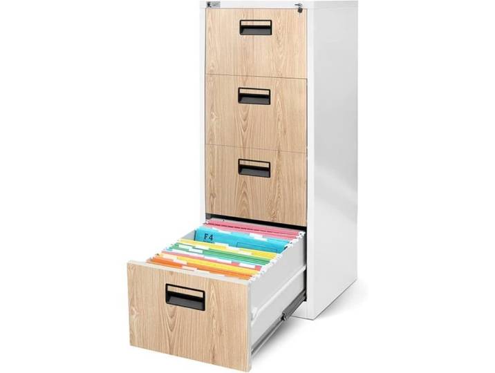 Armoire Classeur pour Dossiers avec 4 Tiroirs Armoire de Bureau Metallique 132 cm x 46 cm x 62 cm (Blanc/Imitation Bois)