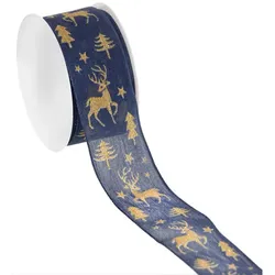 Stoffband "Hirsch", blau-gold, 40 mm, 5 m