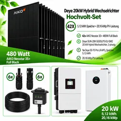 PV  Komplettset  20,16  kWp  -  42x  AIKO  480W  Full  Black  -  Deye  20  kW  Hybrid  Wechselrichter  +  11,8  kWh  Speicher