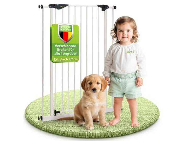 BOMI Schutzgitter Mira Hoch 107 cm Ohne Bohren Schließt automatisch Kindergitter Metall-Türschutzgitter weiß ohne Bohren Automatisches Schließen des Türgitters Breite: 143-151 cm