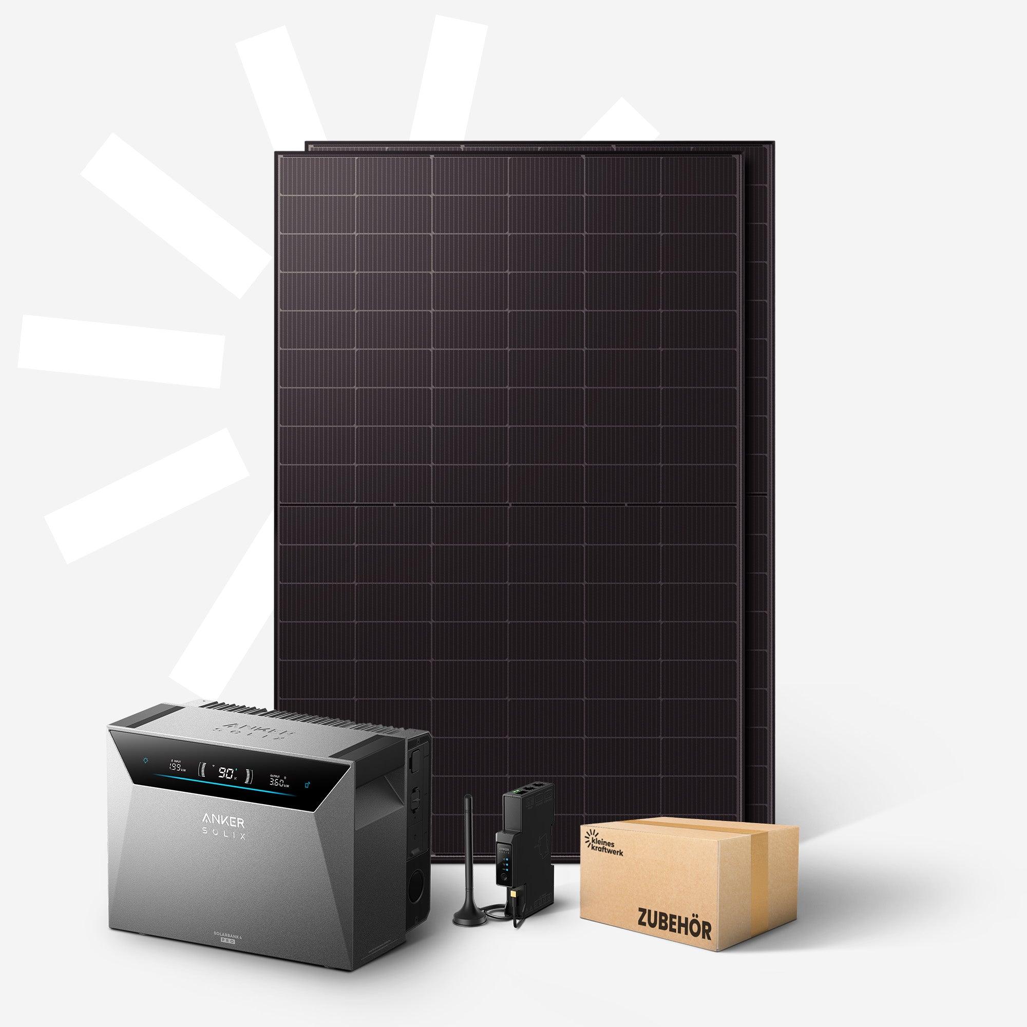 Kleines Kraftwerk 1000W Balkonkraftwerk ohne Halterung (bifazial) inkl. Anker Solarbank 4 Pro - 0% MwSt - Solaranlage mit Speicher