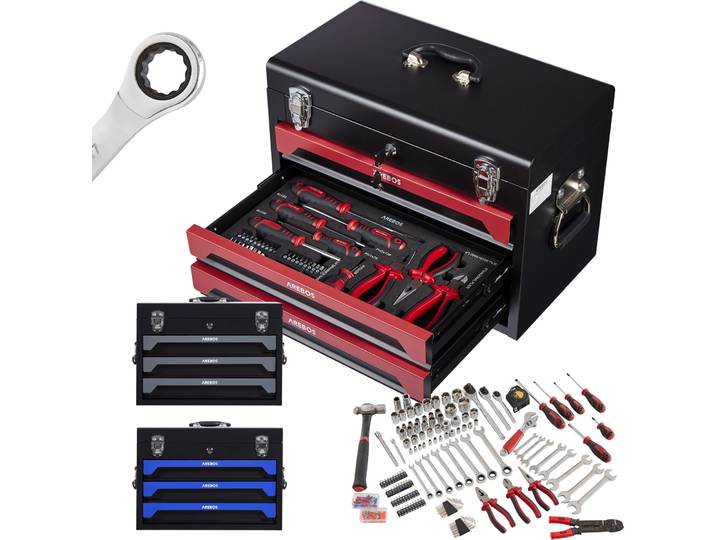 AREBOS Mallette à outils 172 pces Jeu de douilles 3 tiroirs rouge/noir