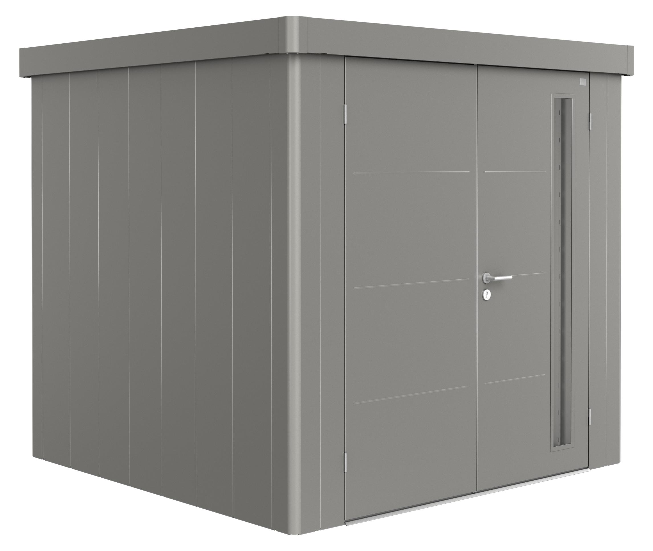 Biohort Neo, Metall-Holz-Schuppen, Doppel, Flachdach, Quarzmetallic grau, Sperrholz, Quarzmetallic grau