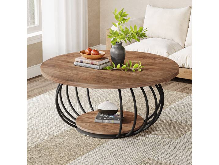 Table basse ronde Tribesigns pour salon, table de cocktail industrielle en bois à 2 niveaux avec rangement, 39,4 pouces