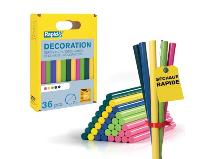 Rapid - Bâtons de colle Colorés - Ø7 x 90 mm - 36pcs\, 115g Pour loisirs créatifs - Cerise\, jaune\, vert clair\, vert foncé\, marine - Sans solvant - EVA et résine - (5001426)