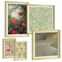 BILDER SET 5er Set - 50x50 cm & 20x30 cm & 40x60 cm Goldrahmen - Blumen und Vögel in natürlicher Umgebung
