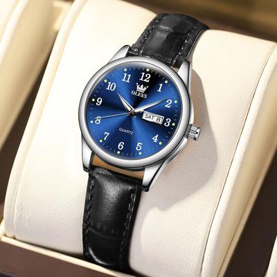 Inspire Select OLEVS Elegance Waterproof Stainless Steel Women's Quartz Watch black Leather Blue