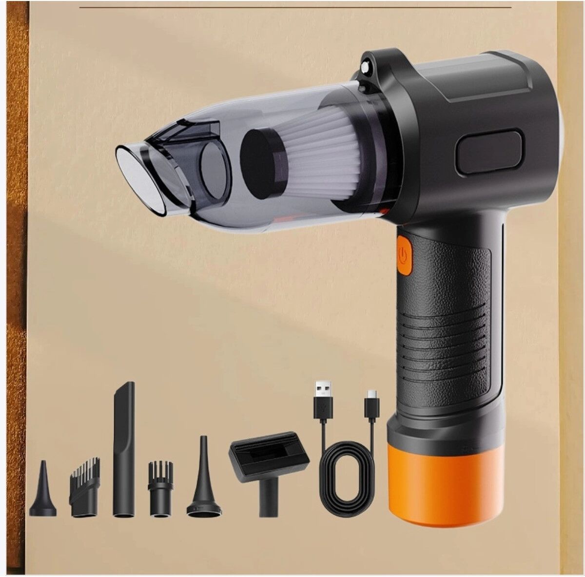 INF Kabelloser Handsauger fürs Auto – starke Saugleistung, Gebläse und LED-Licht für Auto, Zuhause und Tierhaare Orange