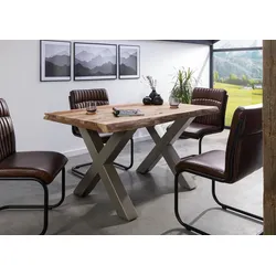 Baumtisch Sheesham 140x90x77 natur sandgestrahlt / X-Beine silber matt FREEFORM 5