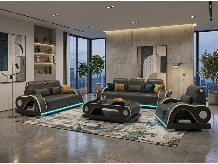 JVmoebel Polstergarnitur Sofa Set 3-Sitzer, 2-Sitzer, Sessel Schwarz mit LED Beleuchtung, (Sofa Set, 3-tlg., 3-tlg), LED-Beleuchtung, Stauraum, modernes Design