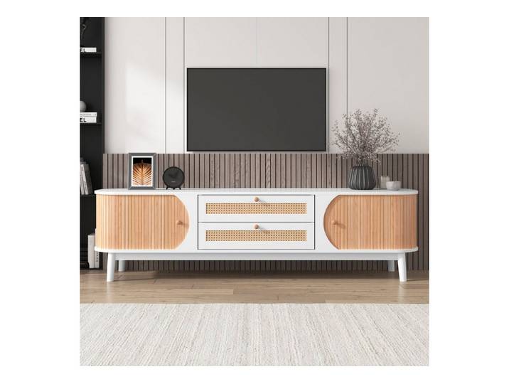 Merax Lowboard mit 2 Schubladen und 2 Bogenschiebetüren, TV-Schrank mit Rattan-Geflecht,Breite 170cm