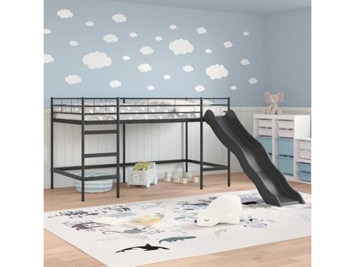 SKTQYQO Kinderbett Loft mit Rutsche schwarz anthrazit 90x200 cm Stahlrahmen, mattes Finish, platzsparende Konstruktion, einfacher Aufbau