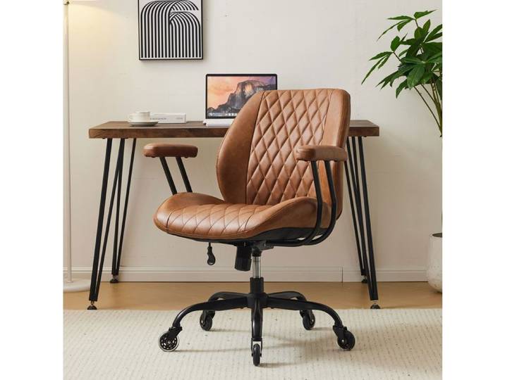 WUVRIE Chaise de bureau pivotante en cuir marron avec roulettes accoudoirs et hauteur réglable