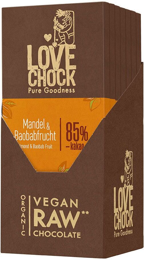 Lovechock Bio rohe Schokolade, Mandel-Baobab 8x70 g Schokolade