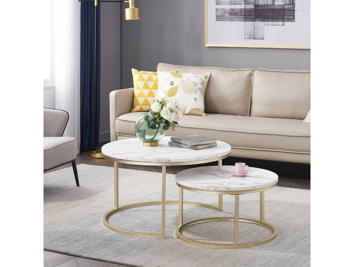 EGOONM 2 pièces Table basse moderne Texture marbre pour salon canapé côté Table basse ronde 2 en 1